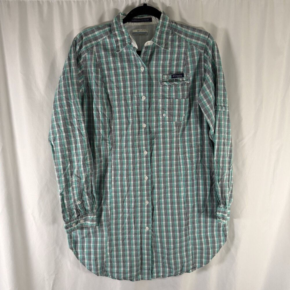 Columbia PFG Super Bonehead Shirt Womens Large Green Plaid Button Up Long Sleeve